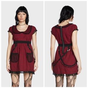 TRIPP NYC Bo Peep Gingham Print Babydoll Dress Peter Pan Collar Red Black Size M